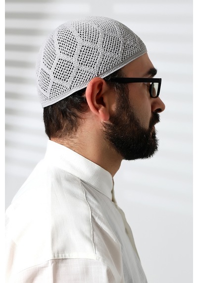 Makine Örgüsü Dantel Detaylı Namaz Takkesi Gri Gri