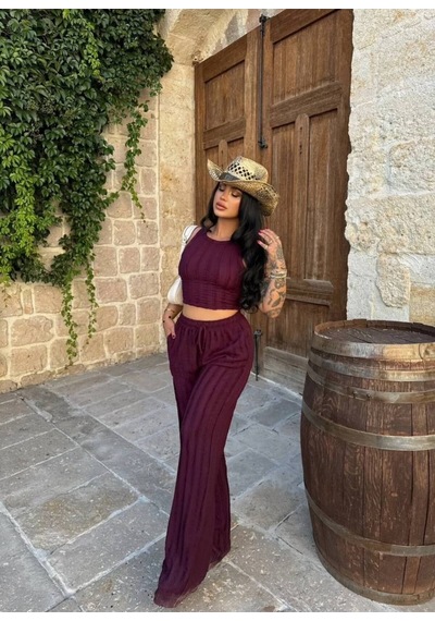 Mayrem Kadın Kaşkorse Crop Top Ve Bol Paça Pantolon İkili Takım Bordo