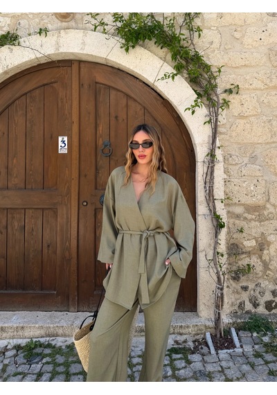 Laluvia Haki Tek Düğmeli Kuşaklı Kimono Takım - 007