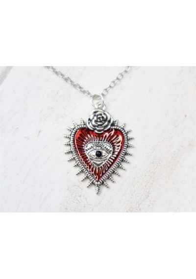 Rose Eye Of Heart Gotik Kalp Kolye Kırmızı Gümüş