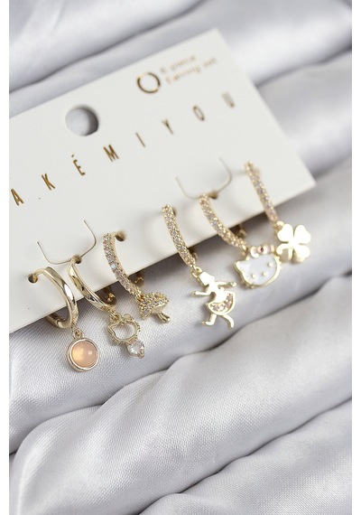 Pirinç Zirkon Taşlı Hello Kity Ve Yonca Model Gold Renk 6'lı Küpe Set Renkli