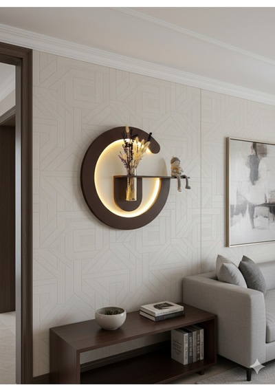 Primula Dekoratif Duvar Rafı Led Işıklı Ahşap İskandinav Tarzı Modern Salon Duvar Rafı Çiçeklik 50 Cm Paris Grisi - Ahşap Ceviz