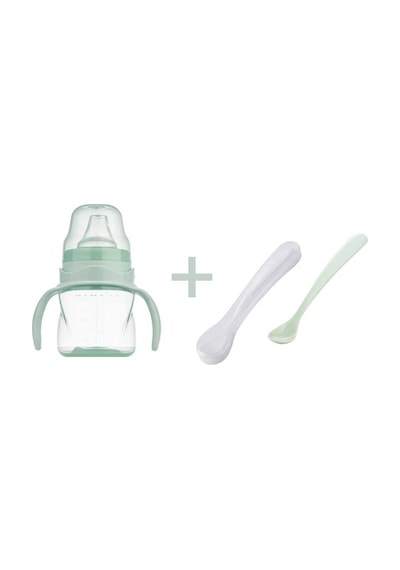 Mamajoo Antikolik Akıtmaz Alıştırma Bardağı 160 ML & İkili Ergonmik Beslenme Kaşığı - Powder Green