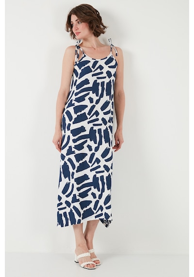 Lela Desenli Midi Boy Oversize Fit Bağlamalı Ip Askılı Bisiklet Yaka Bayan Elbise 5869009 Indigo