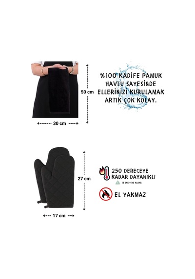Star Ayar Askılı Havlulu 4lü Mutfak Önlüğü Seti 2 Eldiven Siyah-siyah-siyah
