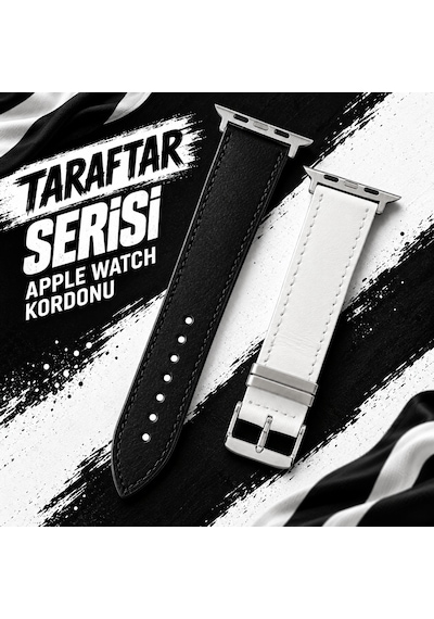 Goldoni Apple Watch Uyumlu Siyah Beyaz Hakiki Deri Taraftar Kordonu Metal Köprülü