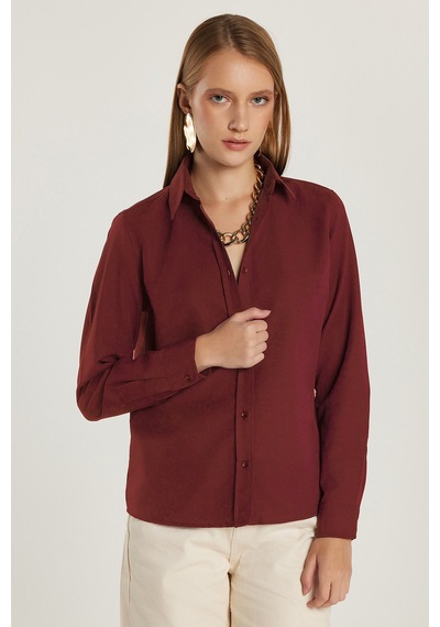 Tudors Kadın Slim Fit Dar Kesim Uzun Kollu Pamuklu Vücuda Oturan Dokulu Bordo Basic Gömlek-42050