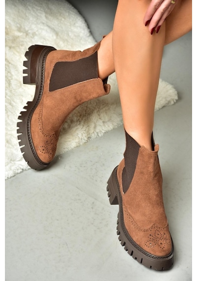 Fox Shoes R312152902 Taba Süet Kalın Tabanlı Kadın Bot Taba