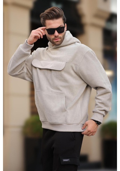 Madmext Boyalı Gri Kapüşonlu Kapaklı Cep Detaylı Polar Erkek Sweatshirt 7097 Gri
