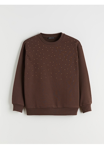 Lcw Everyday Kahverengi Taşlı Oversize Kadın Kalın Sweatshirt