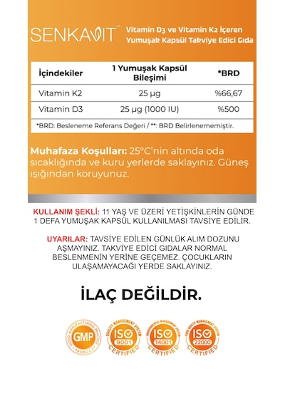 Senkavit Vitamin D3 Ve K2 İçeren Yumuşak Kapsül 120 Li