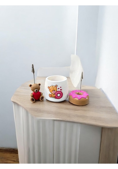 3lü Çok Renkli Donut Ve Ayıcık Tutacaklı Kalemlik Fotoğraf Not Tutucu Ofis Masası Tutacak Hediyelik 3lü Set