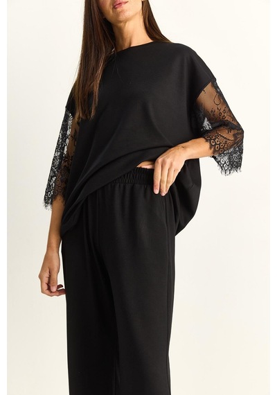 Shade Kadın Kolları Dantelli Oversize Basic T-shirt Beli Lastikli Bol Pantolon Alt-üst Modal Takım 4115 60286085 - Siyah
