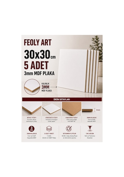 3 Mm 30x30 Mdf Plaka 5 Adet - Hobi, Maket, Ahşap El Sanatları İçin Uygun 5 Li Paket