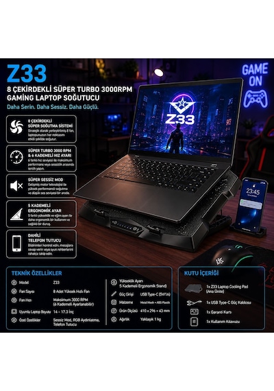 Techtic 8 Fanlı 18-11inç Rgb Işıklı Notebook Laptop Soğutucu Fan Yükseklik Ayarlı