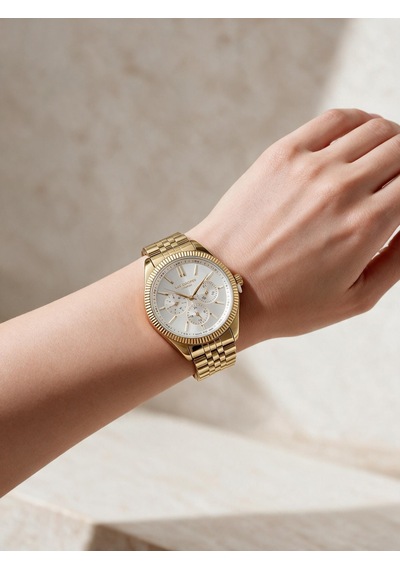 Lee Cooper Altın Sarısı Çelik Bilezik 34 Mm Yuvarlak Kadın Kol Saati, Taşlı Bileklik Hediyeli Gold