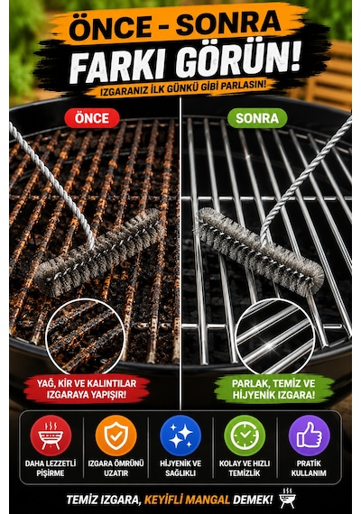 2 Adet Barbekü Mangal Izgara Temizlik Fırçası Paslanmaz Çelik Tel Ergonomik Saplı Izgara Fırçası