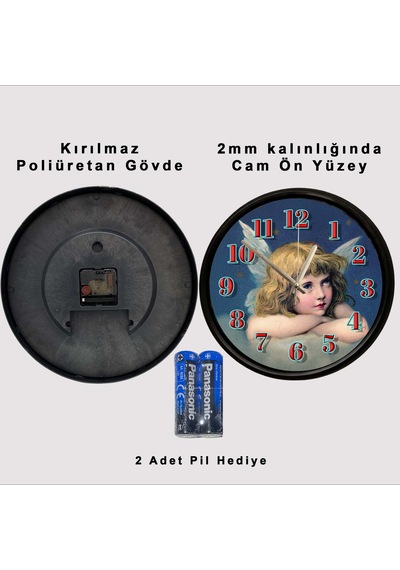 Vintage Melek Figürlü Dekoratif Duvar Saati 28 Cm Sessiz Mekanizma Çok Renkli