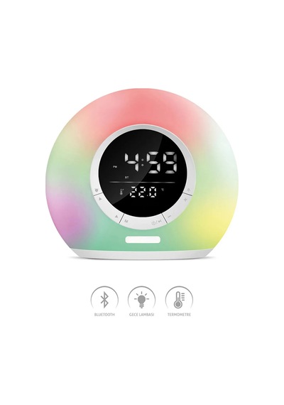 Thentech Gece Lambası Olarak Kullanılabilen Rgb Işıklı Saat Ve Bluetooth Hoparlör Güçlü Ve Kaliteli Ses Beyaz