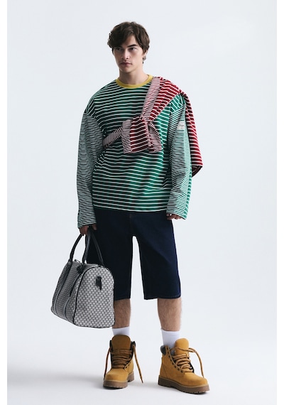 Vamos Kontrast Yaka Çizgili Sweatshirt Ekru-yeşil