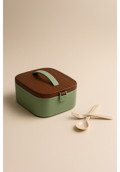 Lunchee - Çelik Bölmeli Sızdırmaz Ahşap Görünümlü Vakum Kapaklı Yemek Kabı Lunchbox 650 Ml Yeşil