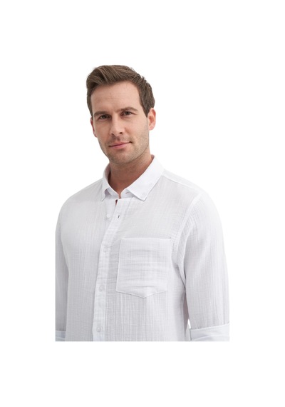 Cazador Erkek Regular Fit Pamuklu Müslin Uzun Kol Gömlek Beyaz