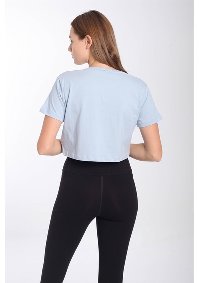 Maraton Sportswear Regular Kadın V Yaka Kısa Kol Basic Sisli Mavi Crop Top 21236 Mavi