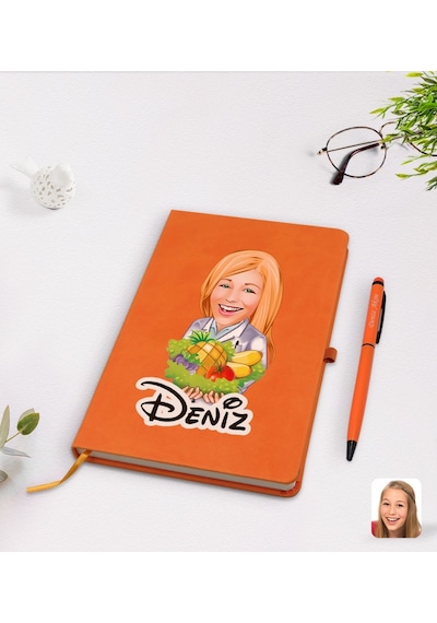 Kişiye Özel Kadın Diyetisyen Karikatürlü Turuncu Termo Deri Defte