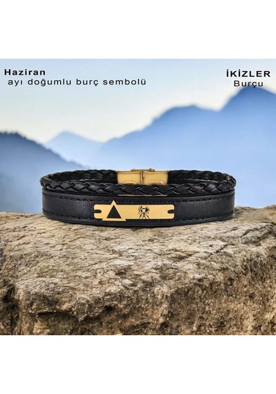 İkizler Burçlarına 14 Ayar Altın Plakalı Üçgen Motifli Hakiki Siyah Derili Hediye Bileklik-390burç İkizler İkizler Burçlarına 14 Ayar Altın Plakalı Üçgen Motifli Hakiki Siyah Derili Hediye Bileklik-390burç İkizler