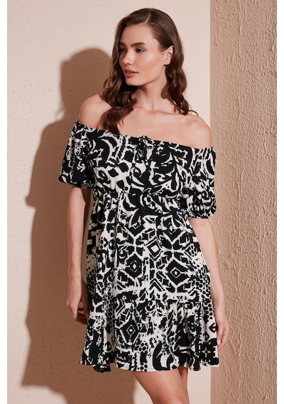 Lela Desenli Slim Fit Önden Bağlamalı Mini Bayan Elbise 5865728 Siyah