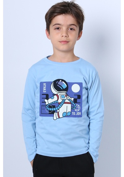 Hçm Erkek Çocuk Uzun Kollu Tshirt Astronot Baskılı Bisiklet Yaka B40 Açık Mavi