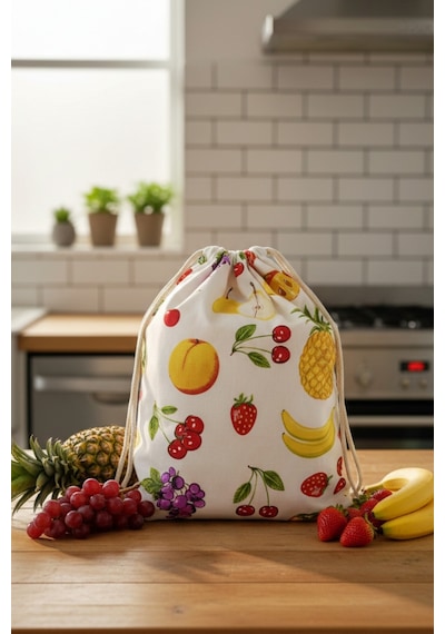Mislina Home Organik Pamuk Meyve Desenli Çok Amaçlı Bez Çanta Ekmek - Market - Oyuncak -poşetlik Torbası 35x40 Çok Renkli