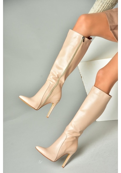 Fox Shoes N372530109 Ten İnce Topuklu Sivri Burun Kadın Çizme Ten