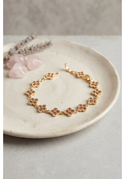 Gold Renk Pembe Zirkon Taşlı Yonca Model Kadın Bileklik Renkli