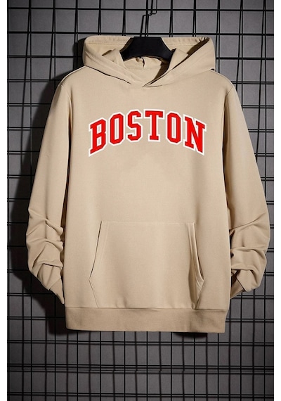 Uyguntarz Unisex Boston Baskılı Sweatshirt Bej