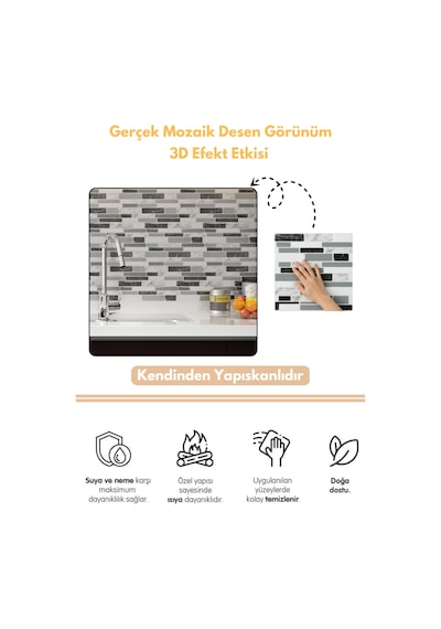Technojet 4lü Paket 30cm 30cm 3boyutlu Mozaik Görünümlü Kendinden Yapışkanlı Karo Pvc Mutfak Kaplama