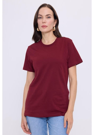 Tudors Kadın Slim Fit Dar Kesim Pamuklu Yumuşak Doku Likralı Esnek Kumaş Basic Bordo Bisiklet Yaka Tişört-37834 Bordo