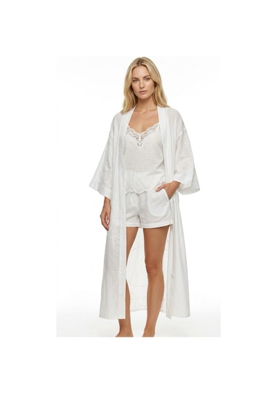 Lila Mare Nakışlı Beyaz Handmade Homewear & Beachwear Kimono Renkli Renkli