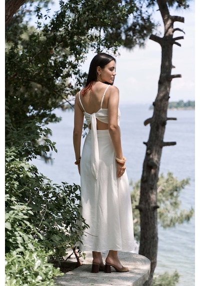 Mai Collection Mai Studios Co. Kita Üçgen Detay Çizgili Ekru Keten Crop Ekru