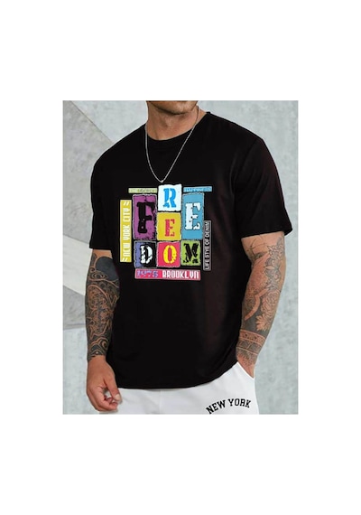 Medinenur Feedom Baskılı Unisex Bisiklet Yaka Tshirt Siyah