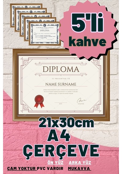 Kahverengi-5 Adet A4 Çerçeve Diploma Belge Sertifika Fotoğraf Resim Çerçevesi Pvc 5 Li Kahverengi