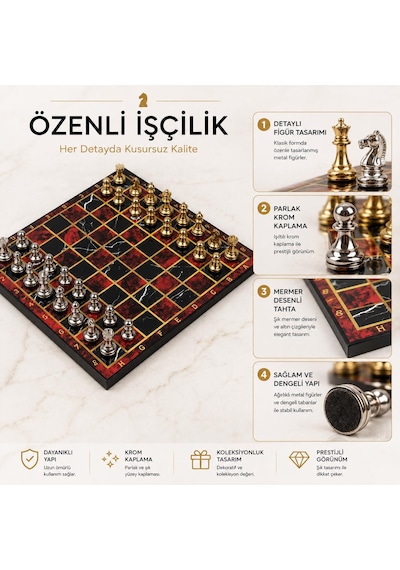 Lüks Metal Satranç Takımı Krom Figürlü 20x20 Cm Kırmızı Tahta Dekoratif Koleksiyon Hediye Seti Özel