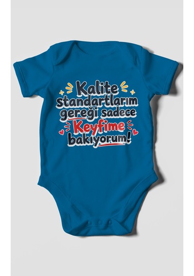 Morivokids Kalite Standartlarım Mesajlı Kısa Kollu Bebek Body %100 Pamuk Koyu Mavi