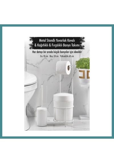 Trendexa Metal Standlı Yuvarlak Kovalı & Kağıtlıklı & Fırçalıklı Beyaz Banyo Takımı Mac