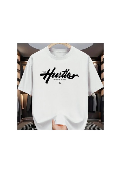 Caddemia Yaz  Rahat Gevşek Artı Boyutu Houston Mektup Baskılı Spor Yuvarlak Boyu Beyaz 2XL