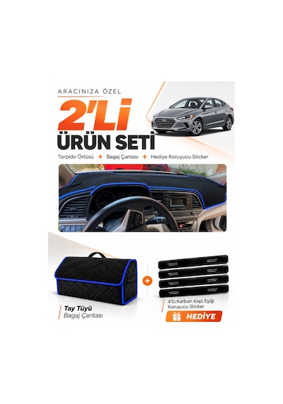 Hyundai Elantra 2017-2020 Uyumlu Torpido Örtüsü + Tay Tüyü Bagaj Çantası + Sticker - Siyah Mavi