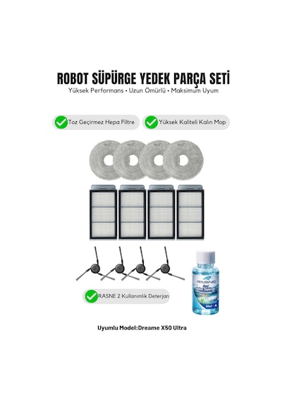 Dreame X50 Ultra İle Uyumlu 4 Yan Fırça 4 Filtre 4 Mop 1 Deterjan 2.0