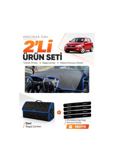 Kia Ceed 2006-2012 Uyumlu Torpido Örtüsü + Deri Bagaj Çantası + Sticker Seti - Siyah Mavi