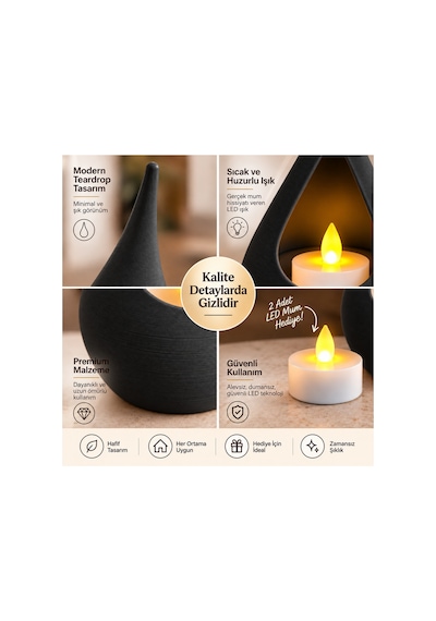 2 Li Dekoratif Mumluk Seti Modern Teardrop Tasarım, 2 Adet Led Mum Hediyeli, Şık Ev Dekorasyonu - Siyah Açık