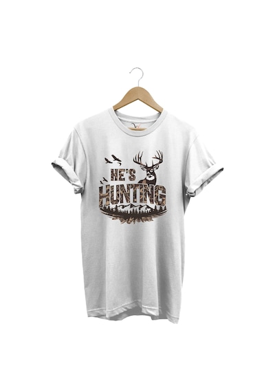 Kamuflaj Desenli Hunting Yazısı Ve Geyik Baskılı %100 Pamuk Rahat Kalıp Premium Tişört Beyaz